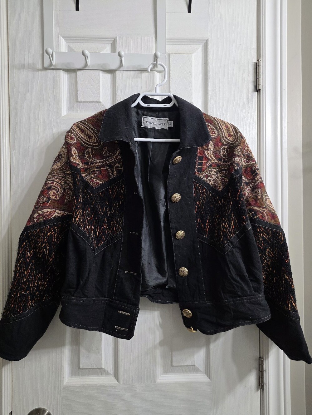 Vintage Howard Wolf Dallas Mixed Media Tapestry Western Jacket Gold Buttons